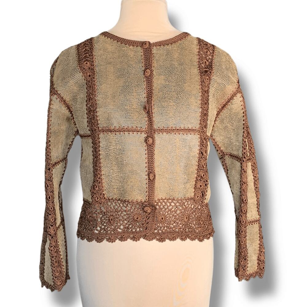 Vintage Brown Tan Suede Leather Crochet Trim Cropped Cardigan Jacket Boho‎